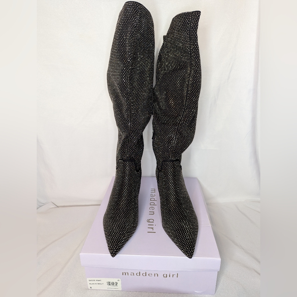 NIB Madden Girl Dicee Black Rhinestone Heeled Boots Women's Size 8 WIDE CALF